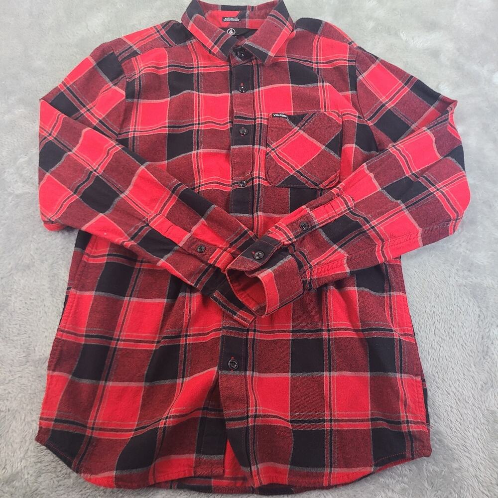 Men's Volcom Modern Fit Caden Plaid Button-Front Long Sleeve Shirt Red Size Med